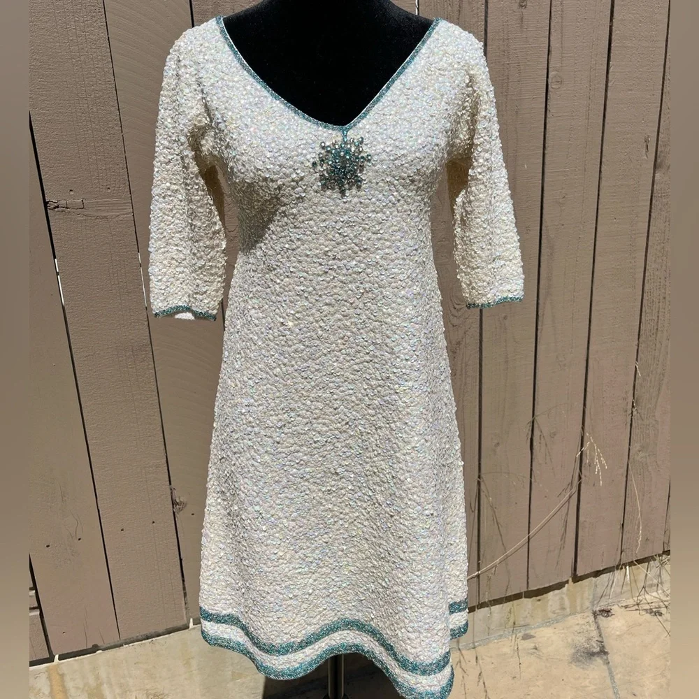 Vintage Gene Shelly’s Boutique White Sequin Blue Bead Rhinestone Mini Dress - Picture 8 of 15